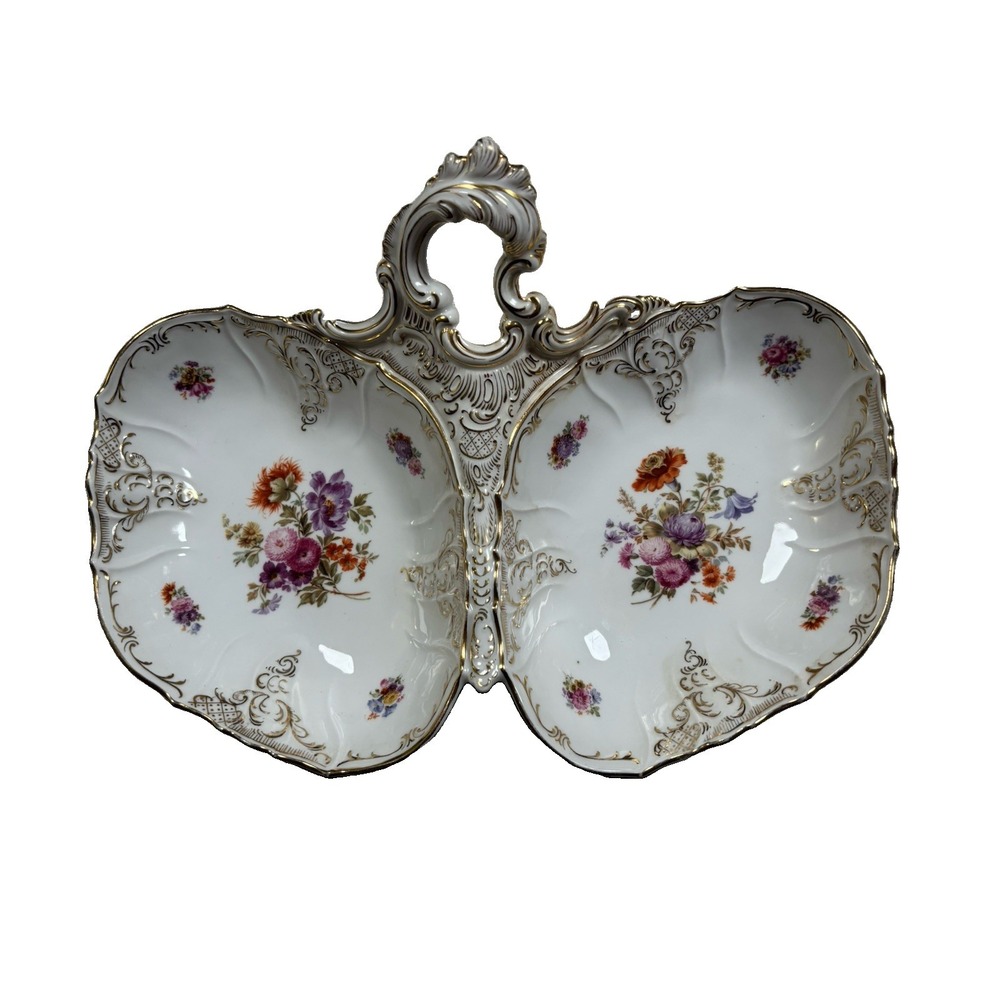 Antique Saxe German Porcelain Divided Dish Handle Floral Gold Gilt Serveware⁠